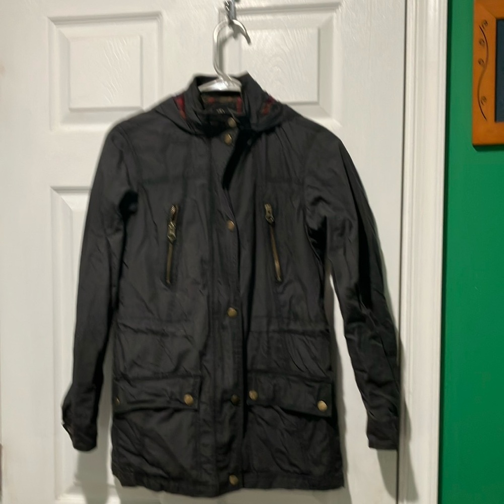 Orvis River Road Waxed Cotton Jacket with plaid lining vintage small black XS